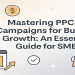 Centered title surrounded by PPC-related digital elements with clean gradients