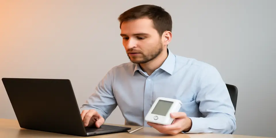 Salesperson analyzing digital tools for enhancing medical equipment sales.