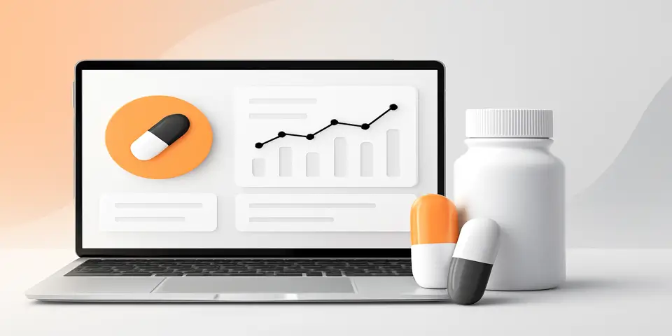 Laptop displaying pharmaceutical digital strategies.