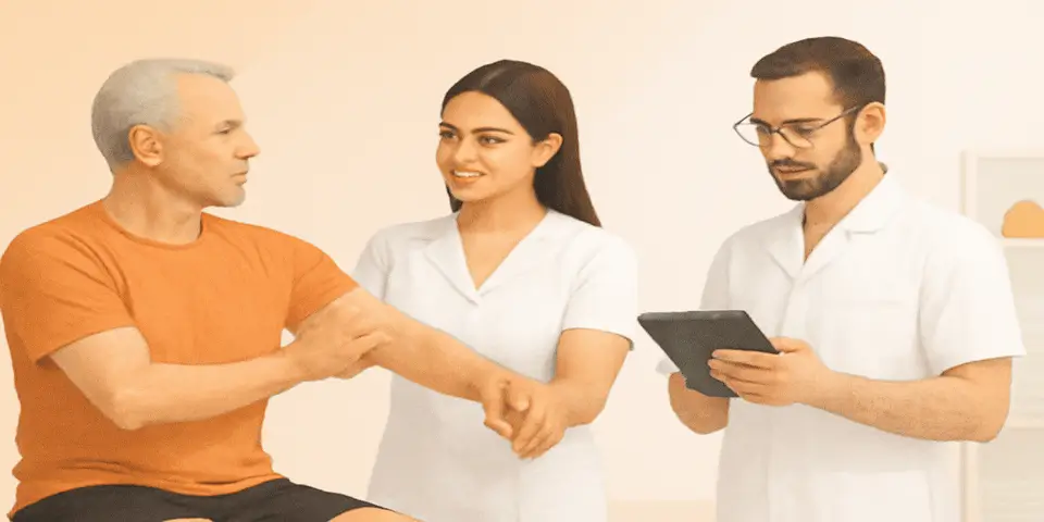 Physical therapists using digital tools for patient treatment.