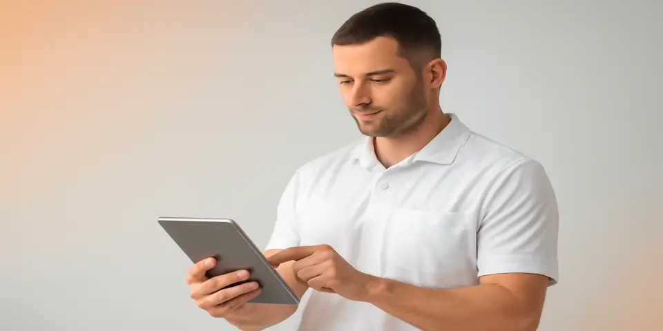 Physical therapist interacting with digital technology for patient monitoring.