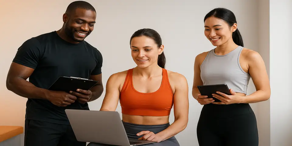 Trainers collaborating on digital fitness programs and analytics.