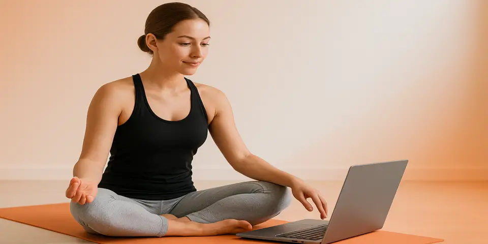 Yoga instructor using digital tools to manage virtual sessions.