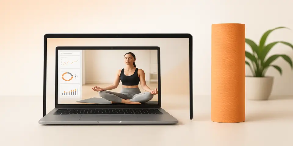 Laptop and smartphone displaying online yoga class dashboards.
