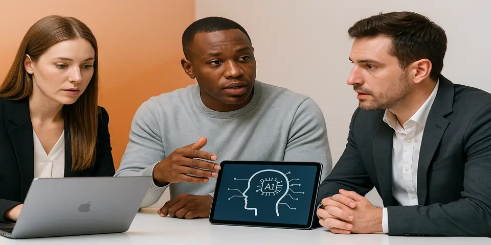 Team of professionals collaborating on AI-driven strategies to enhance business performance.