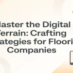 Digital strategy and flooring-related icons surrounding a centered title highlighting growth strategies for flooring companies.