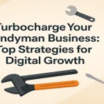 Digital marketing and handyman-related icons surrounding a centered title showcasing strategies for business growth.