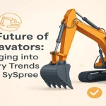 Construction equipment concept with modern excavator elements and soft gradient branding.