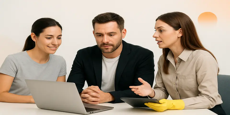 Team reviewing digital marketing plans to improve service-based business growth