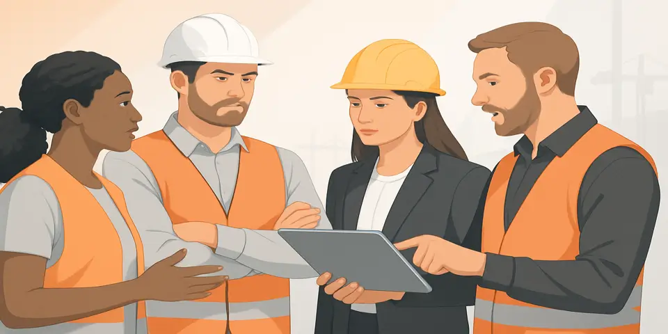 Team reviewing digital construction plans and discussing innovative project workflows