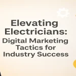 Title graphic with electrician icons, digital marketing elements, and growth symbols on a soft gradient
