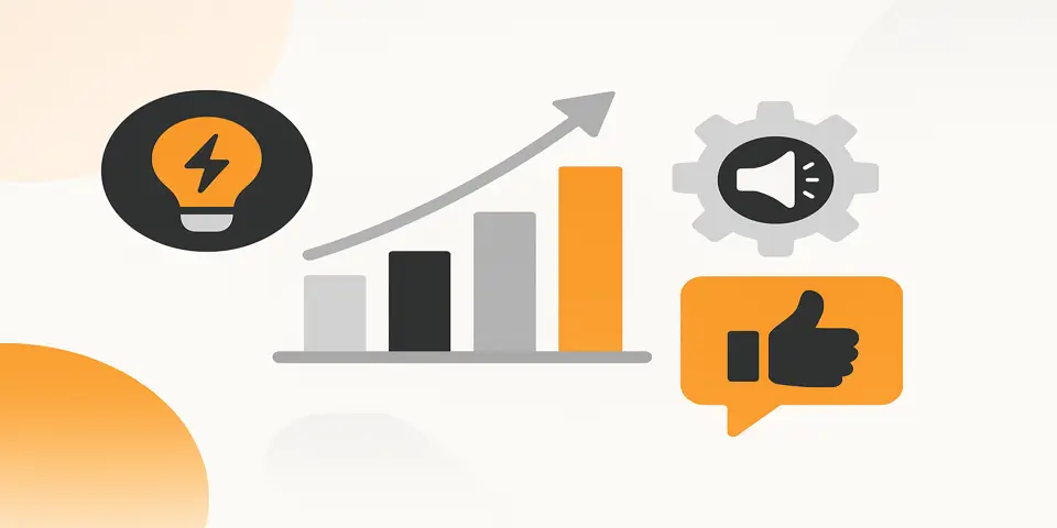 Abstract icons representing digital marketing, analytics, and performance improvement
