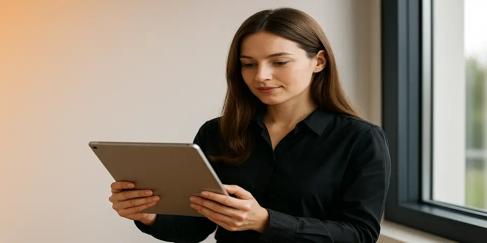 Professional reviewing AI-enhanced window and door business interface in a modern workspace