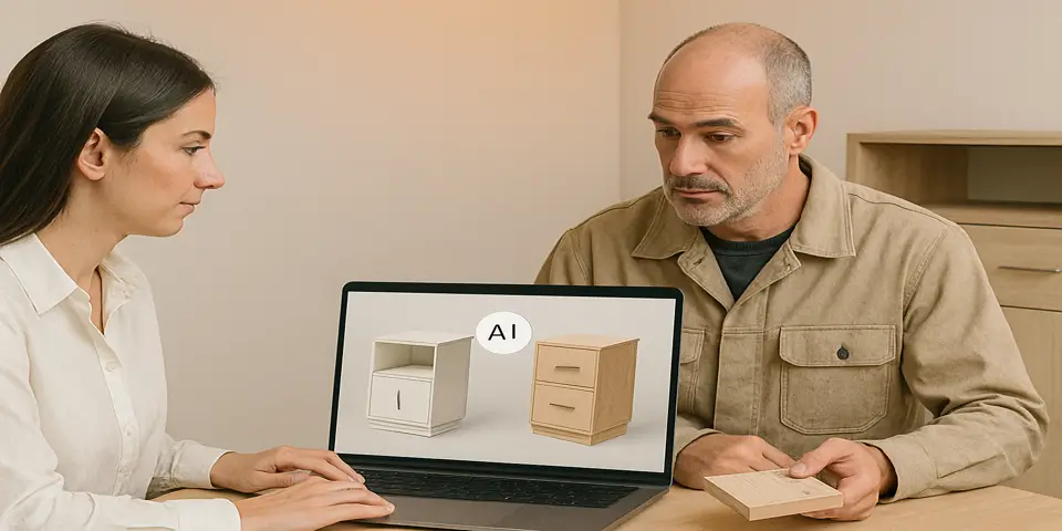 Team collaborating on AI-enhanced cabinet manufacturing strategies