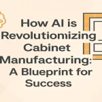 AI-driven cabinet manufacturing concept with blueprint elements and clean gradients