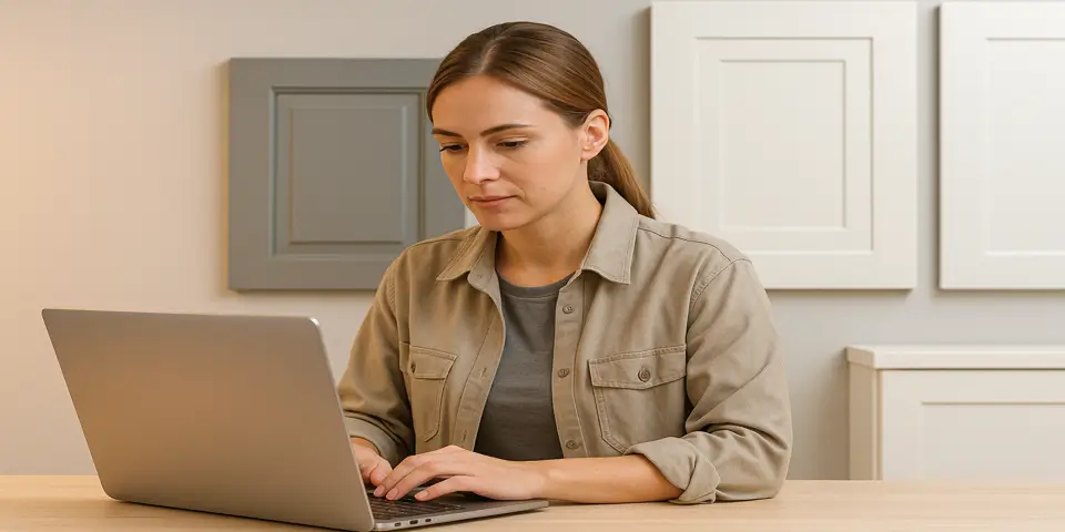 Professional reviewing cabinet production data and AI-driven insights in a modern workspace