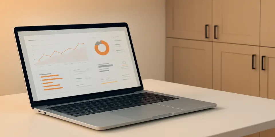 Laptop displaying AI-powered cabinet design and production dashboard