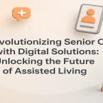 Hyper-real digital elements representing modern senior care innovations arranged around a centered title.