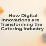 Hyper-real catering icons and digital elements arranged around a centered title to represent modern industry innovation.