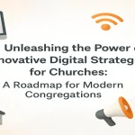 Hyper-real church and digital communication icons arranged around a centered title to represent modern ministry strategies.