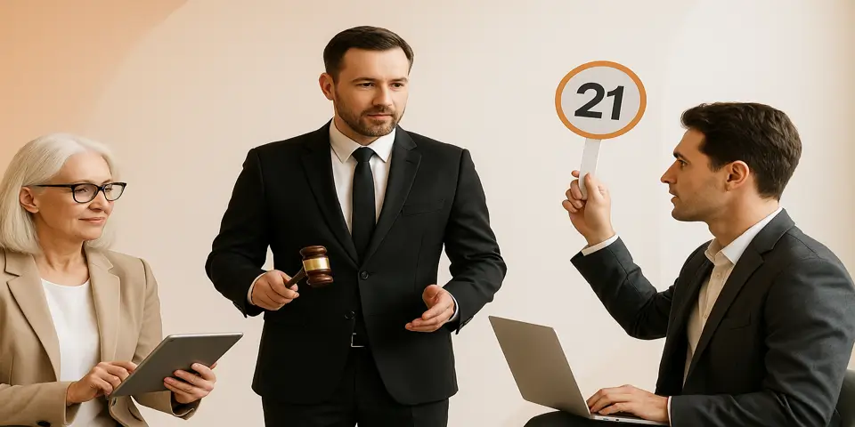 Set of hyper-real auction and digital icons representing modern bidding and technology-enhanced processes.