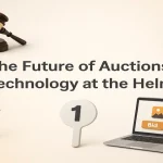 Hyper-real auction and technology icons arranged around a centered title representing the future of digital-driven auctions.
