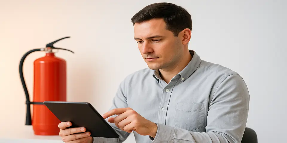 Professional reviewing digital fire protection insights on a device.