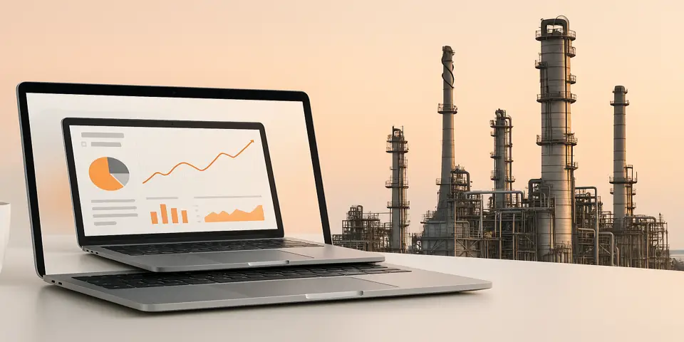 Laptop showing analytics dashboard for monitoring industrial performance.