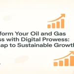 Oil rig and digital data visuals representing sustainable growth in the oil and gas industry.