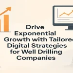 Well drilling rig with digital data visuals symbolizing growth and technology.