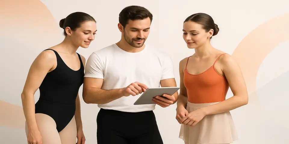Group of dancers using digital tools during a modern training session.