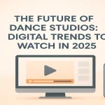 Modern dance studio with dancers and digital visuals representing future trends.