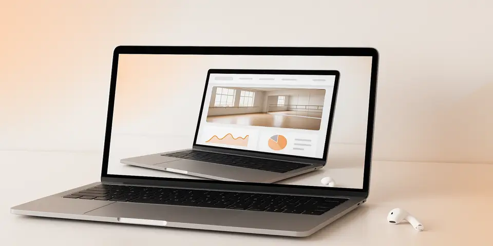 Laptop showing virtual dance class and digital performance analytics.