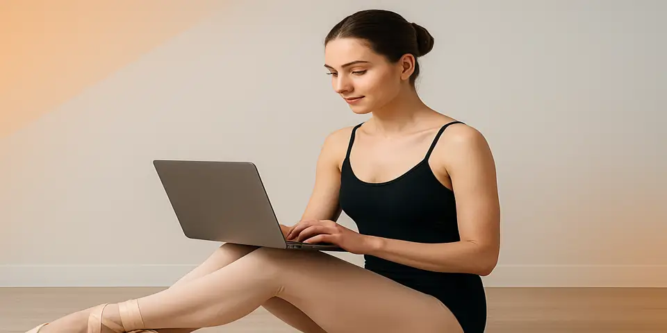 Dancer practicing with digital mirror displaying movement analytics.