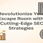 Escape room scene enhanced with digital analytics visuals for SEO growth.
