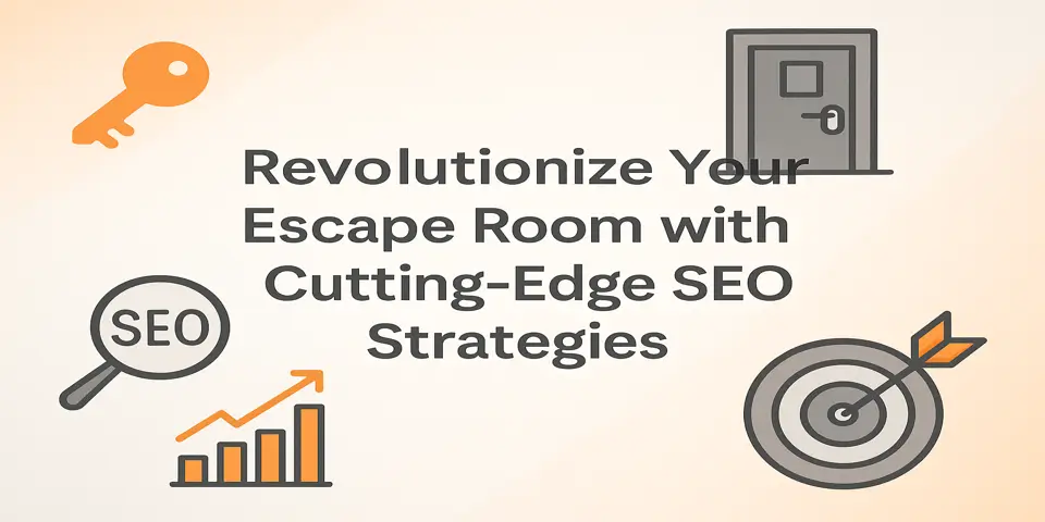 Escape room scene enhanced with digital analytics visuals for SEO growth.