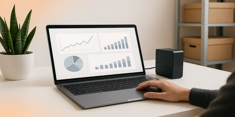 Laptop displaying futuristic data analytics dashboard