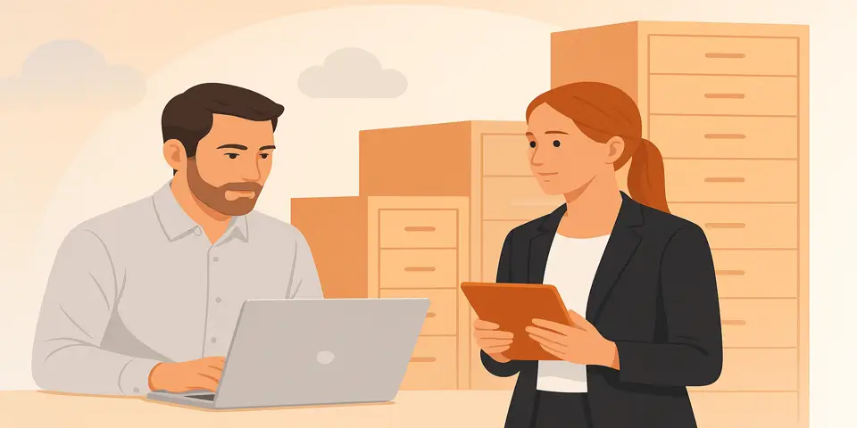 Data drives and cloud storage devices arranged on modern desk