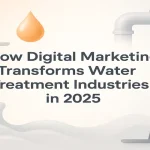 Modern visual showing digital analytics, water elements, and the blog title centered to represent digital transformation in industries.