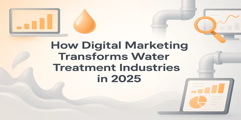 Modern visual showing digital analytics, water elements, and the blog title centered to represent digital transformation in industries.