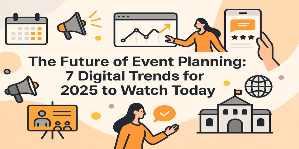 Modern banner layout showing event icons, planning symbols, and digital trend graphics around the main title text.