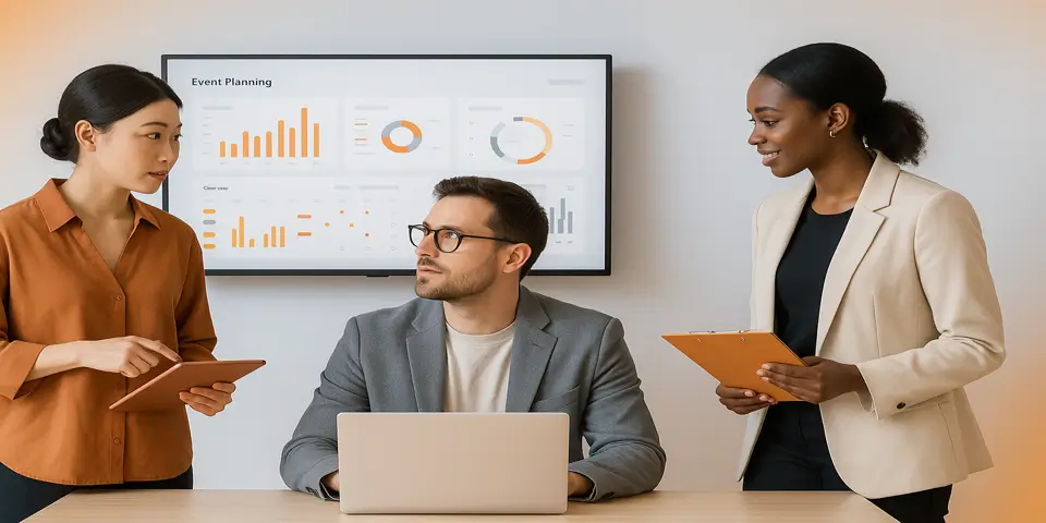 Team reviewing event planning ideas and digital tools while analyzing upcoming trends.