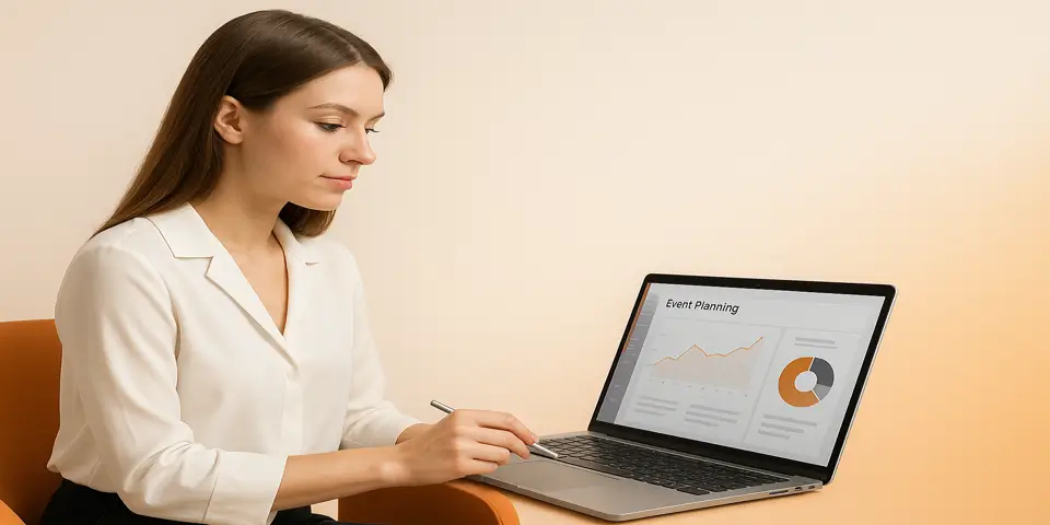 Person reviewing digital event planning dashboard on a device.