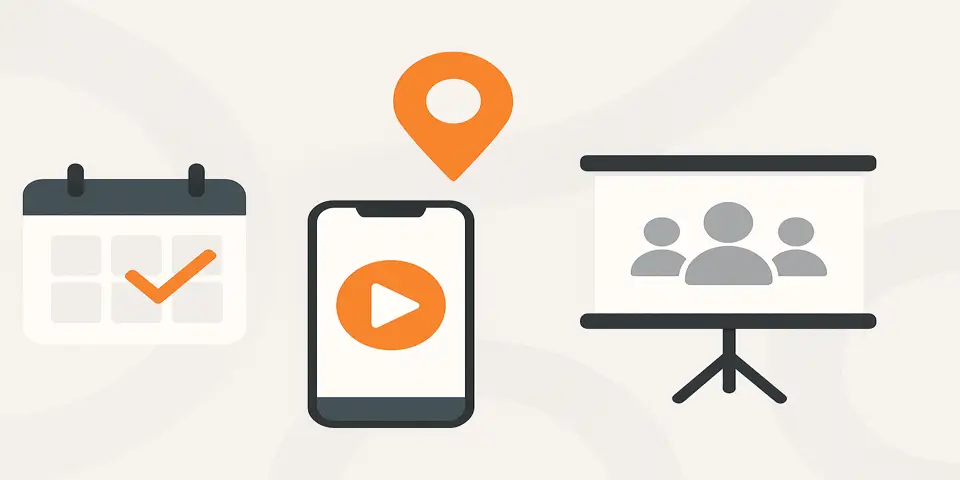 Minimal abstract layout featuring digital event elements and symbolic shapes representing technology and innovation.