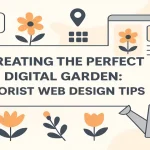 Modern floral-themed digital layout with website design icons and flowers surrounding the centered blog title.