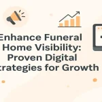 Modern layout showing funeral-service symbols, marketing icons, and a centered headline on digital growth strategies.