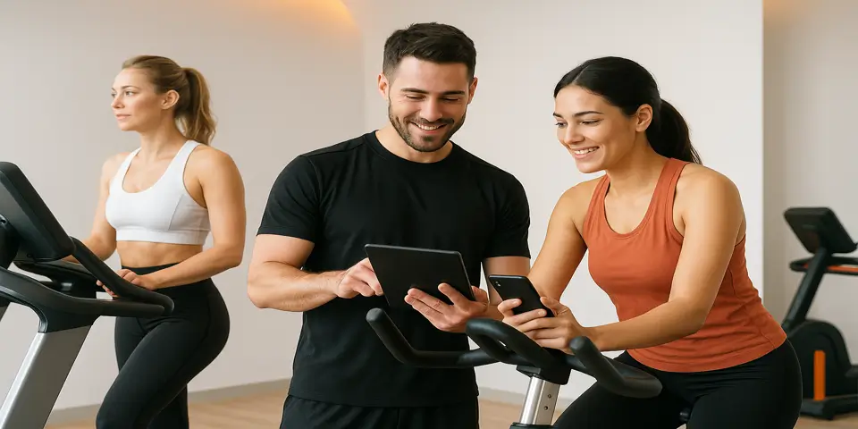 Small group reviewing gym analytics and digital performance metrics.