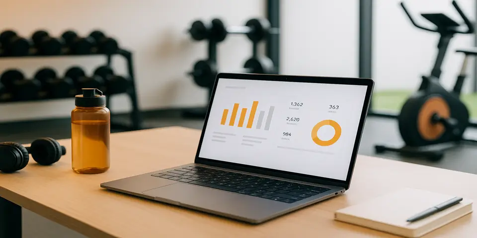 Laptop showing fitness software with analytics and gym-related visuals.