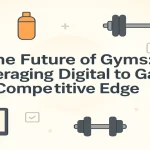 Modern gym-themed digital layout with fitness icons and technology elements around a centered title.