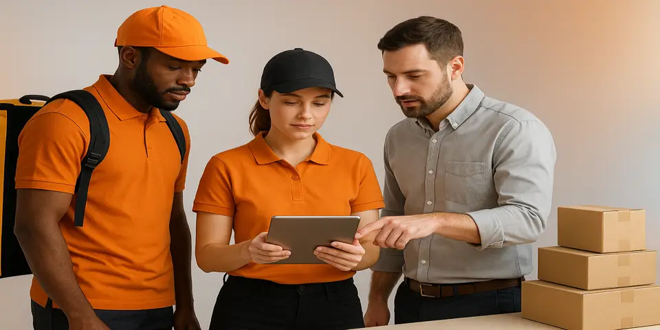 Team discussing delivery strategy and reviewing performance analytics on screens.